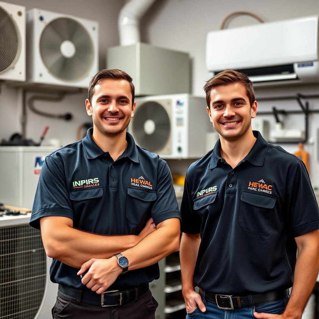 Luan e Madiel, fundadores do Projeto Vida de Técnico, em uma oficina de climatização rodeados por aparelhos de ar-condicionado