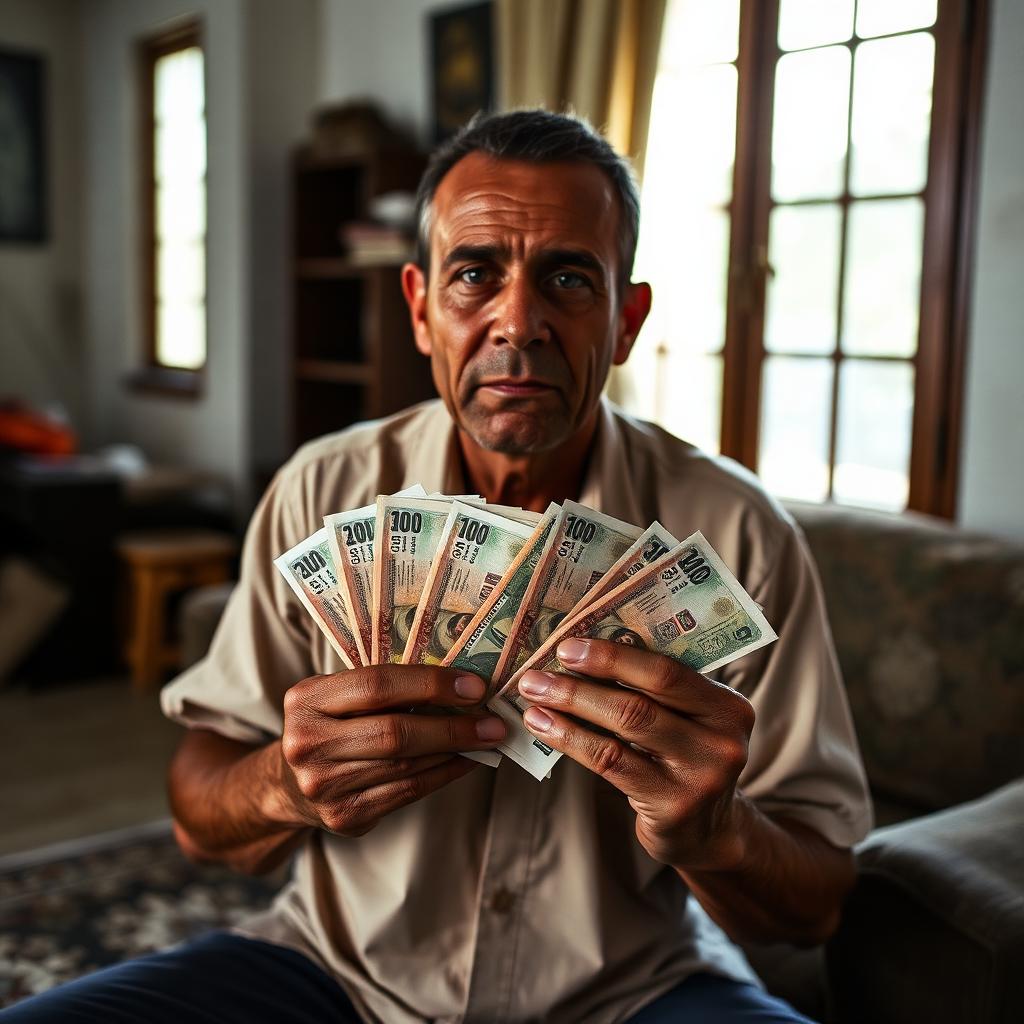 Trabalhador segurando notas de R$ 100 em sua sala de estar